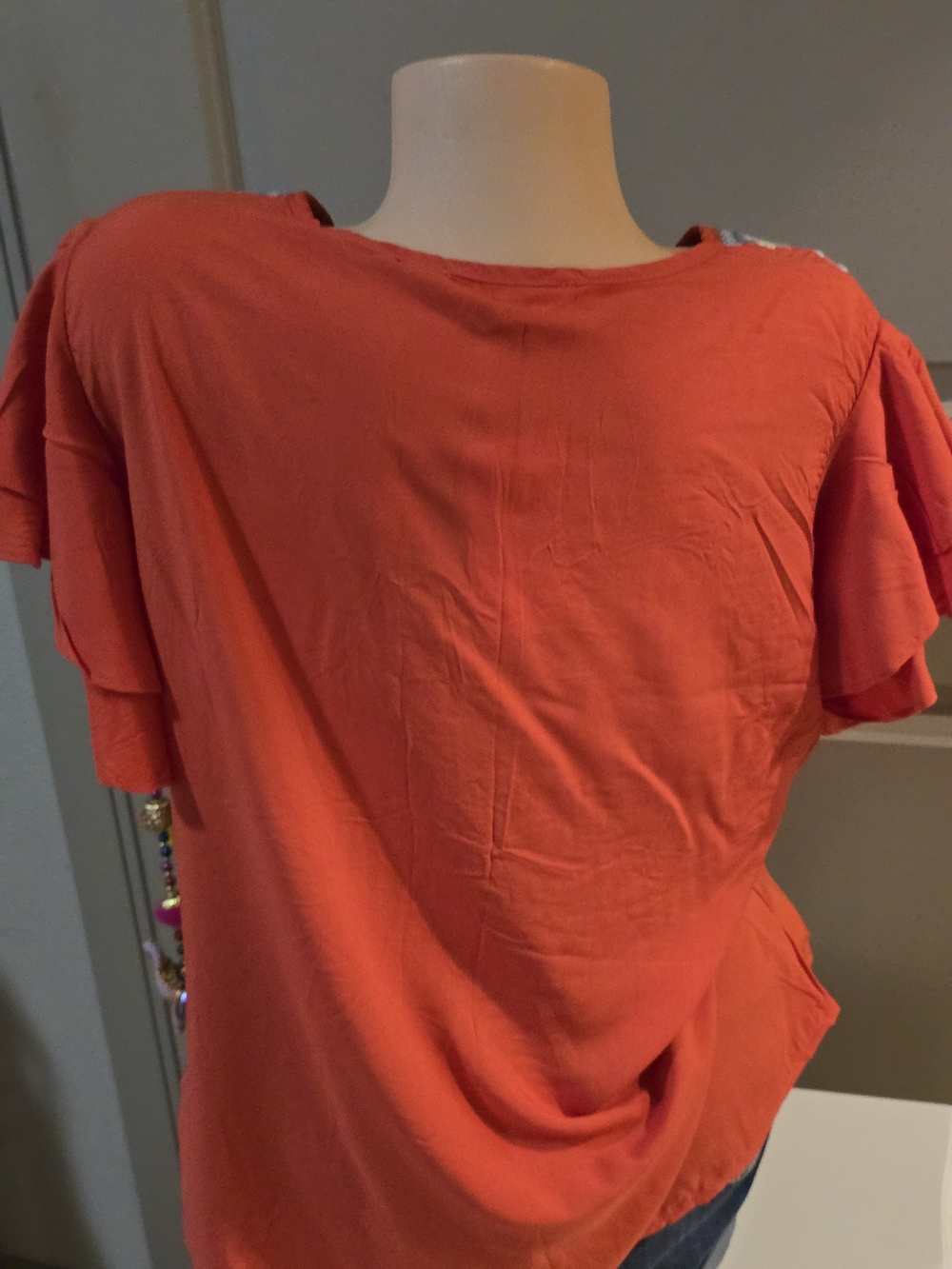 Solitaire Red Embroidered V-Neck Ruffle Sleeve Blouse - Picture 7 of 11